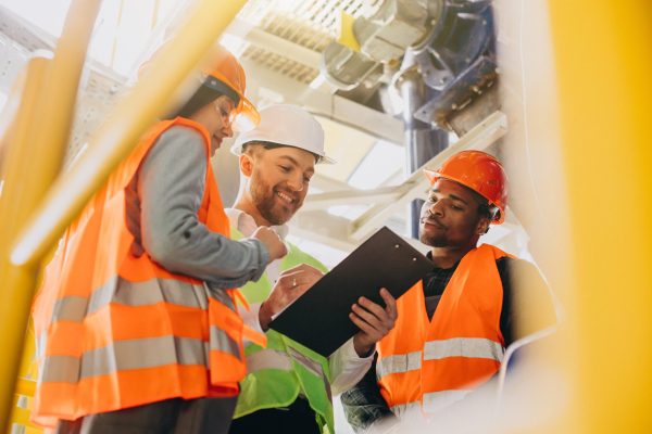 Three people discussing a plan at a factory Three people discussing a plan at a factory